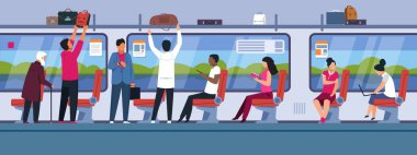 Trendeki insanlar. Farklı erkek ve kadın çizgi film karakterleriyle toplu taşıma araçları. Metro düz afişlerinde vektör insanlar