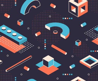 Isometric şekiller desen. Geometrik minimum arkaplan, soyut yapı grafik elementleri. Vektör izometrik poster figürleri