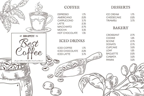 Citas de menú de café. Elementos de café dibujados a mano para cartel café. Plantilla de diseño gráfico vectorial para menús de restaurante o bar con espresso — Vector de stock