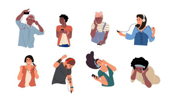 People listen to music. Dancing cartoon young characters with smartphones and headphones. Vector happy teenagers set