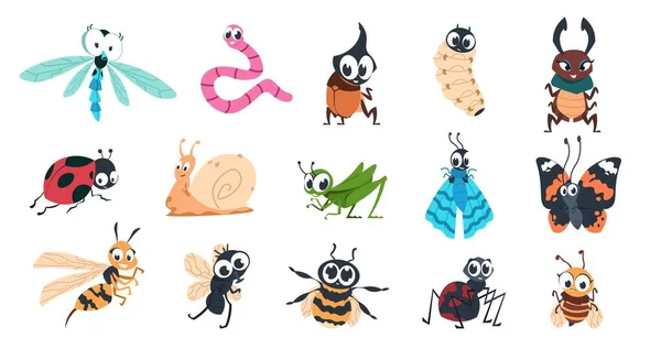 Vtipný brouci. Kreslený roztomilý hmyz s tvářemi, housenka motýl čmelák pavouk barevné znaky. Vektorová ilustrace pro děti — Stockový vektor