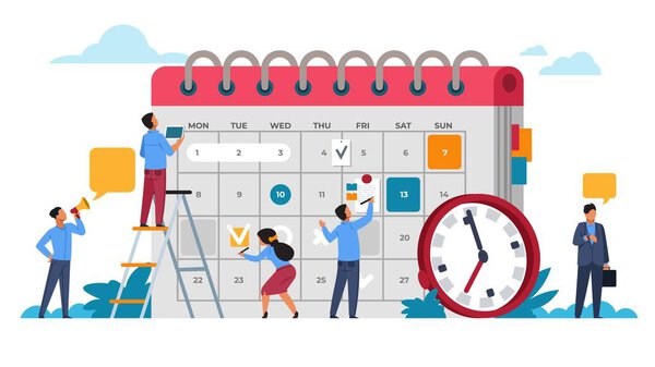 Concepto de planificación de personas. Planificación del programa de emprendimiento y calendario. Organización de reuniones y eventos empresariales vectoriales — Vector de stock