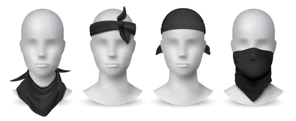 現実的な黒のバンダナ白いマネキンのハンカチかバフ、バイカーの空の頭部のスカーフか包帯のテンプレート。ベクトルモックアップセット — ストックベクタ