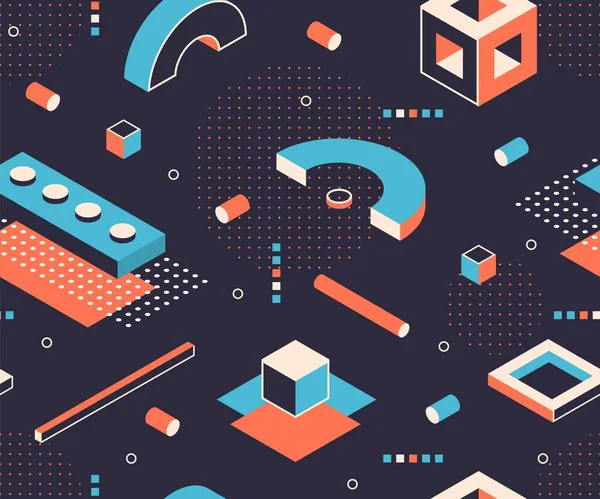 Isometric şekiller desen. Geometrik minimum arkaplan, soyut yapı grafik elementleri. Vektör izometrik poster figürleri
