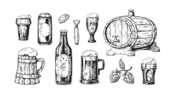 Bière dessinée à la main. Tasses de pub vintage en bois et verre avec ours et boissons alcoolisées avec mousse à bulles. Ensemble vectoriel — Image vectorielle