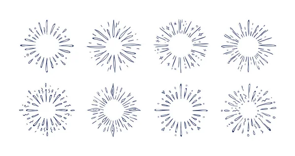 Doodle rayos pop. Elementos decorativos Starburst dibujados a mano, marco de boceto de línea para tarjetas de felicitación y carteles. Vector brillante conjunto de estrellas — Archivo Imágenes Vectoriales