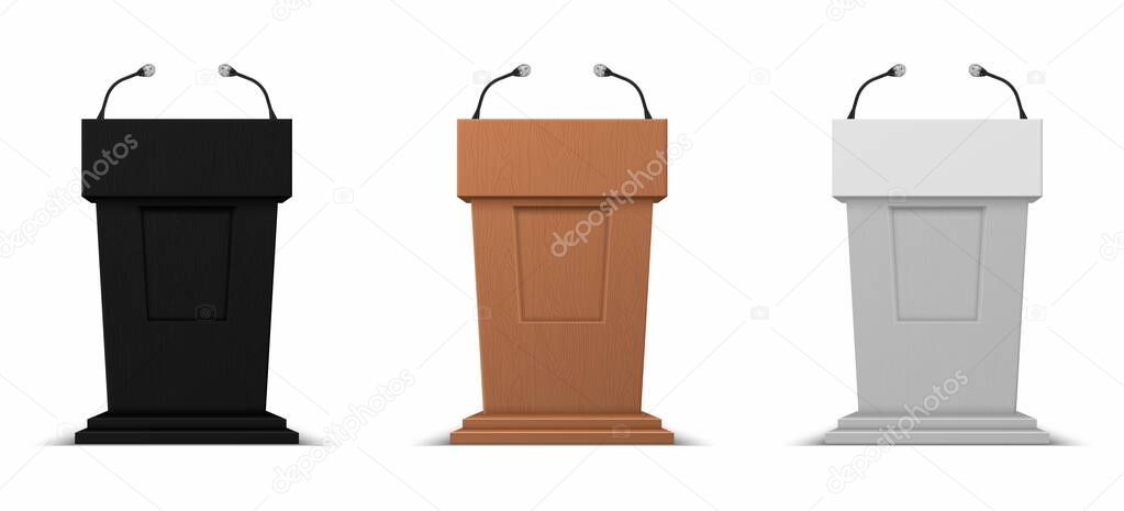 Realistic debate stage. Podium rostrum business presentation stand with microphones. Vector isolated 3D conference speech tribune icons set