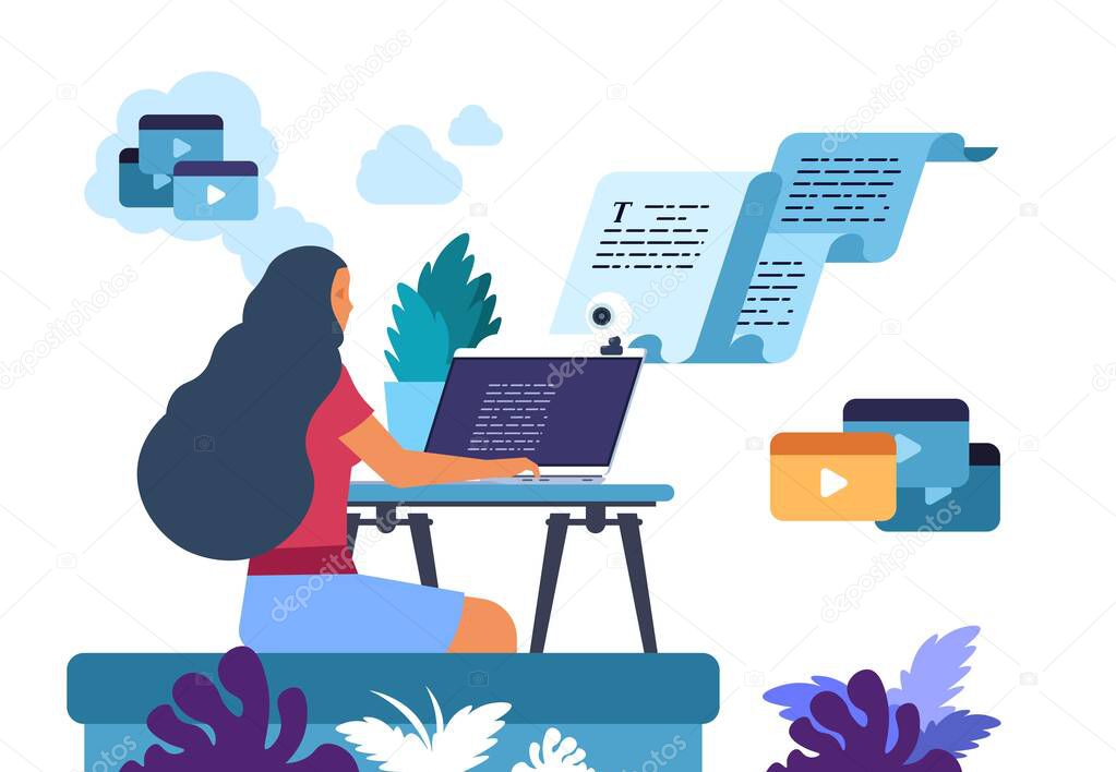 Content writer. Media creator and online freelance article writer, blog copywriter and content maker concept. Vector illustration