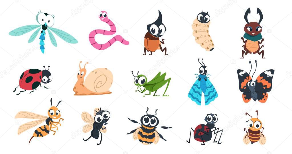 Funny bugs. Cartoon cute insects with faces, caterpillar butterfly bumblebee spider colorful characters. Vector illustration for kids