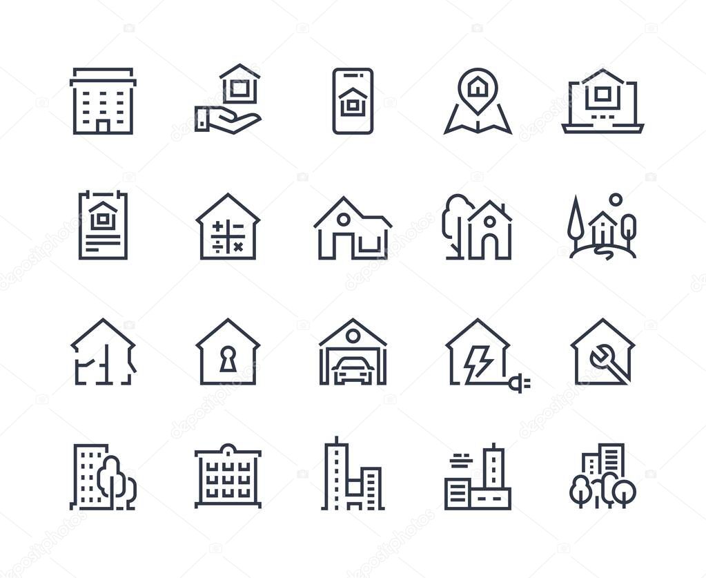 House line icons. Town houses city buildings and constructions, homepage browser interface icons. Vector illustration real estate symbols residential area and homes security key sign set