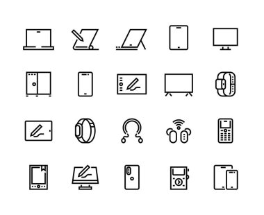 Aygıt hattı simgeleri. Masaüstü bilgisayarlar, elektronik cihazlar ve giyilebilir cihazlar ana hatları bilgisayar ve akıllı telefon resimli mesajları. Vektör seti