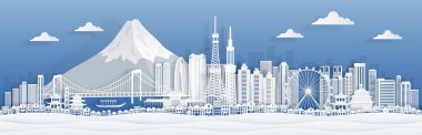 Tokyo kağıt kesiği. Japonya şehir silueti dünya posterini veya kartpostalını gezmek için ünlü simgeleri ve mimarisi olan panorama. Vektör şehir manzarası