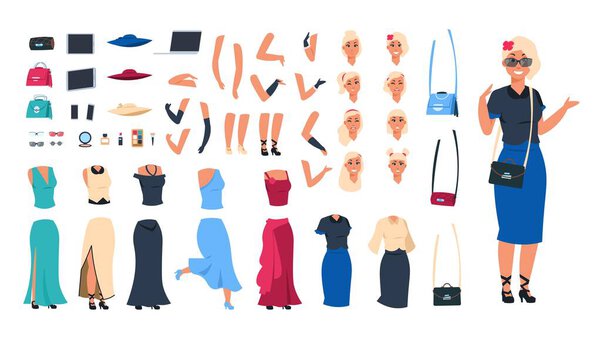 Конструктор персонажей мультфильмов. Девушка анимации набор с различными руками кожи ног и платья. Векторный женский комплект
