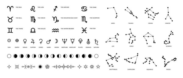 Zodiac signs and constellations. Ritual astrology and horoscope symbols with stars planet symbols and Moon phases. Vector set