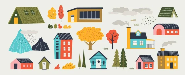 Belle case. Trendy paesaggio rurale disegnato a mano con edifici alberi montagne e nuvole. Design piatto taglio carta vettoriale — Vettoriale Stock