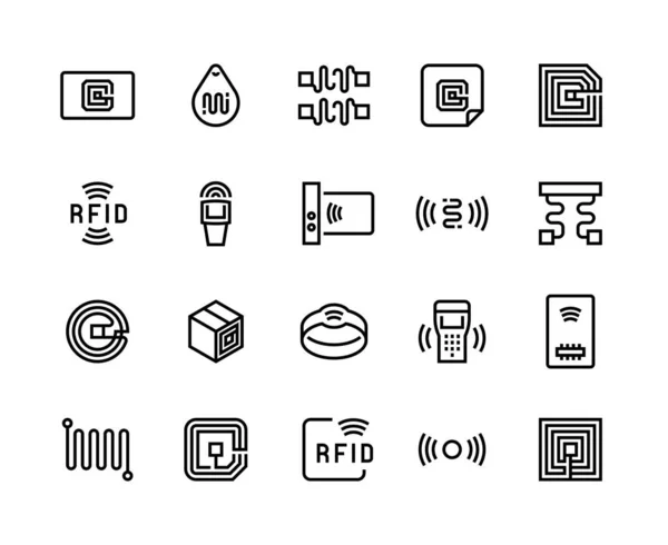 Radio-Tag-Line-Symbole. drahtloser RFID-Chip und Radiofrequenz-Identifikation, drahtlose Antenne und Stromkreis. Vektorsatz — Stockvektor