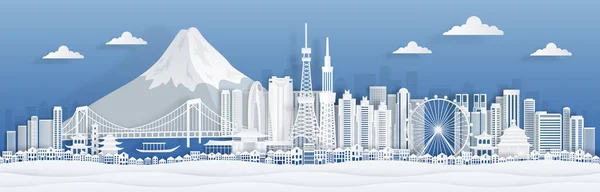 Вирізання паперу в Токіо. Панорама японського міста з відомими пам'ятками та архітектурою для подорожей світовим плакатом або поштовою листівкою. Vector cityscape — стоковий вектор