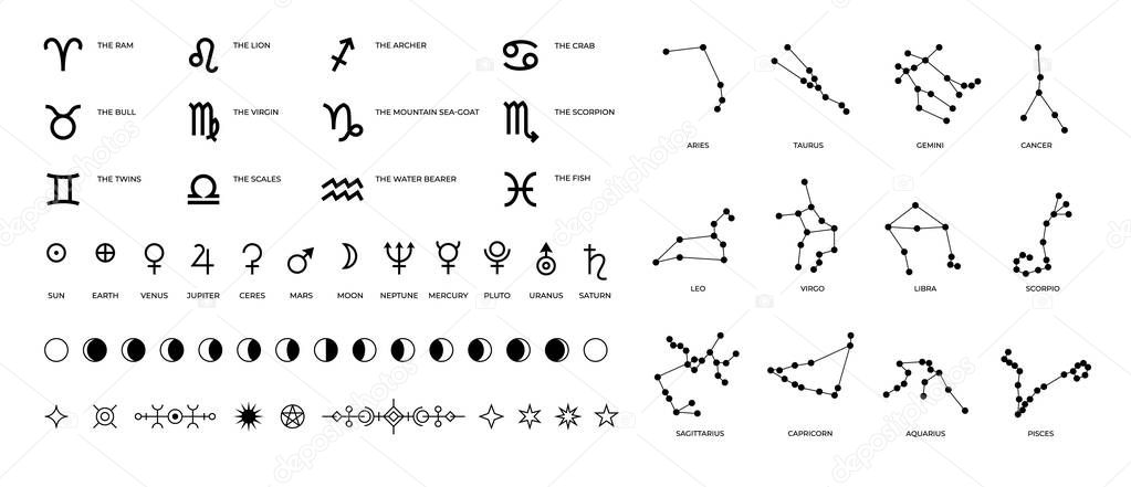 Zodiac signs and constellations. Ritual astrology and horoscope symbols with stars planet symbols and Moon phases. Vector set