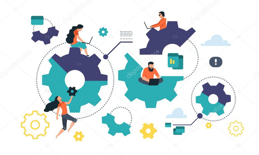 Cogwheel cooperation concept. Flat gear business mechanism, people management and organization. Vector business communication