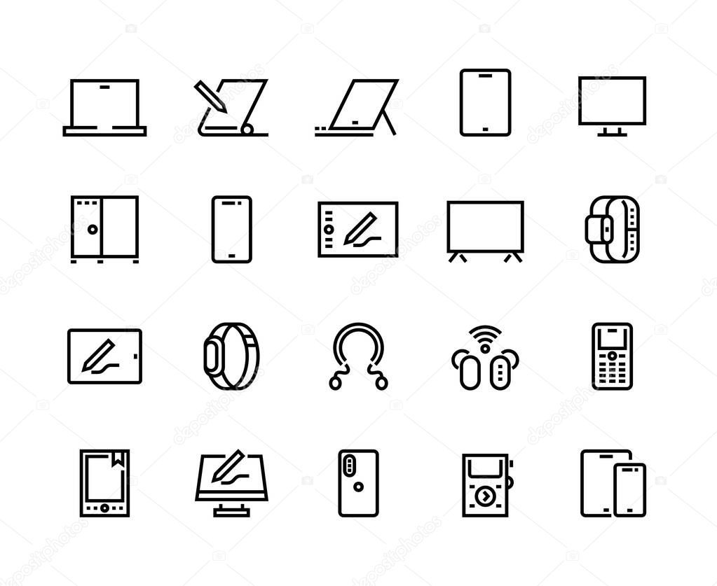 Devices line icons. Desktop computers, electronic devices and wearable gadgets, outline PC and smartphone pictograms. Vector set