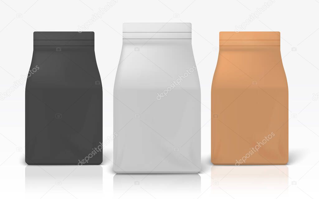 Coffee package. Realistic white black and brown zip package for flour pasta or sugar. Vector blank food pack mockups for brand design
