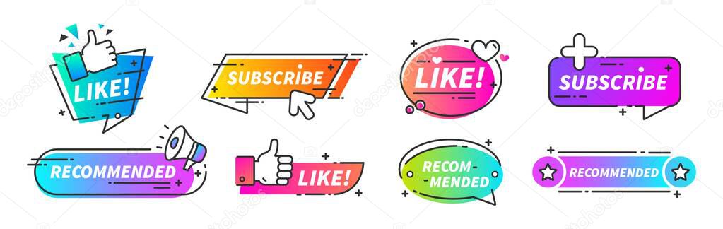 Recommend banner. Thumb up tags with with like and subscribe buttons for video channels or podcast. Vector blog buttons set