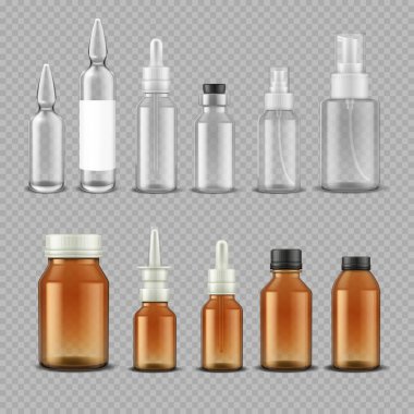 Damlatan cam şişe. İlaç kapsülleri için gerçekçi tıbbi kapsüller göz kapsülleri aromatik yağ damlaları. Vector plastik ve vida kapaklı cam şişeler