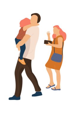 Moda aile yürüyüşü. Mutlu anne ve baba, kollarında bebekle birlikte yürüyorlar. Vektör modern yaz açık hava kavramı