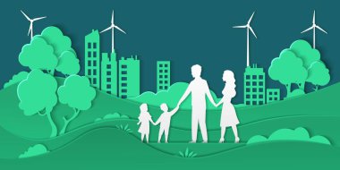 Eko şehri ve ailesi. Kağıt, yeşil enerji ekosistemi, mutlu aile ve dost ekoloji kavramı ile akıllı şehri kesiyor. Vektör kağıt doğası