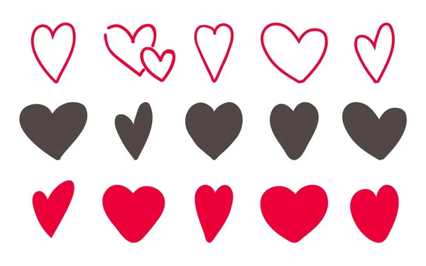 Liebe Herzen Ikone gesetzt. Handgezeichnete schöne rote und umrissene Skizze. Vektor-Herzformen — Stockvektor