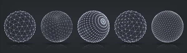 Des sphères de grille. globes 3D réalistes avec filet abstrait ou wireframe pour la chimie ou la biologie, infographie, concept de structure de particules rondes. Ensemble vectoriel — Image vectorielle