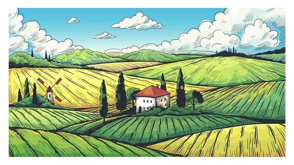 Paisaje rural. Bosquejo de campo de granja orgánica con granja rural, campos en colinas y pueblo. Etiqueta vectorial con pradera de campo y tierras de cultivo — Archivo Imágenes Vectoriales