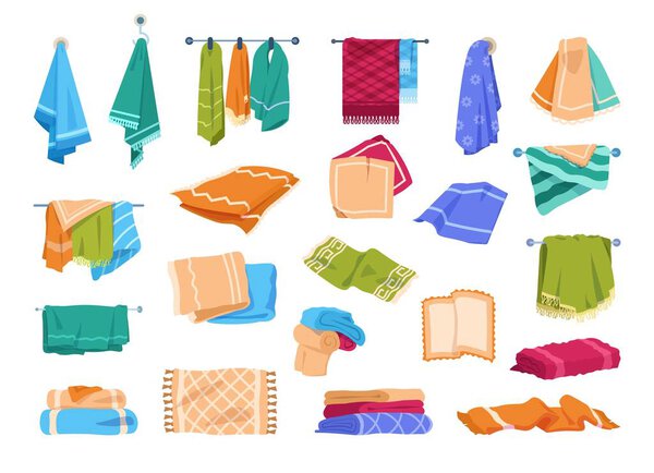 Полотенца для ванны. Кухня или руки висят на рельсах или кольцах полотенца. Тряпичный набор векторных карикатур
