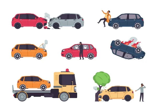 Car accidents. Insurance cases, vehicle collision and car crash, theft protection, cartoon damaged auto and car insurance risks. Vector set — Stock Illustration Car accidents. Insurance cases, vehicle collision and car crash, theft protection, cartoon damaged auto and car insurance risks. Vector set Stock Vector