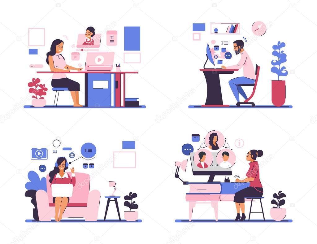 Webinar. Online meeting and self education concept with business cartoon characters staying at home. Vector online lessons and tutorial