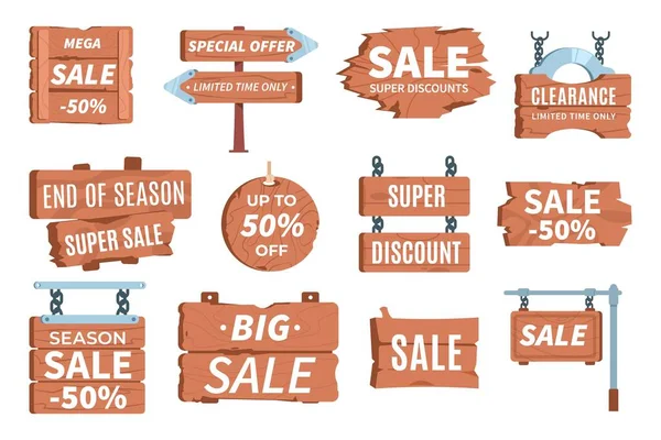 Značky cen dřeva. Informace o cenách karikatura rustikální symbol. Kolekce Vektorových dřevěných prodejních štítků — Stockový vektor