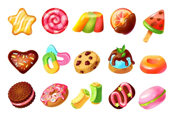 Bonbons et bonbons. Caricature caramel coloré sucettes et boules, gâteaux au chocolat biscuits et beignets. Macarons vecteurs et desserts à base de gelée — Image vectorielle