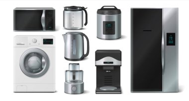 Mutfak aletleri. Yurt içi elektronik ev tutma cihazları, ısıtıcı mikrodalga tost makinesi blenderi. Gerçekçi 3B modellerin vektör koleksiyonu