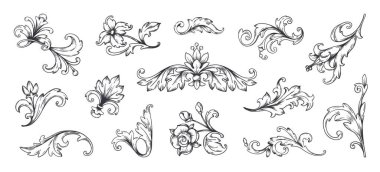 Baroque ornament. Vintage floral border elements, engraved leaves and frame filigree arabesque. Vector decorative ornamental set clipart