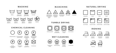 Çamaşır bakım ikonları. Makine ve el yıkama tavsiye sembolleri, kumaş kumaş kumaş kumaş etiketleri. Vektör yıkama açıklaması