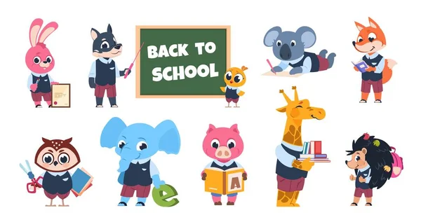 Personaggi animali della scuola. Bambini dei cartoni animati divertenti che leggono la scrittura e studiano a scuola, illustrazione educativa. Vettoriale simpatici animali — Vettoriale Stock