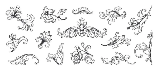 Ornement baroque. Éléments de bordure floraux vintage, feuilles gravées et cadre en filigrane arabesque. Ensemble décoratif vectoriel décoratif — Image vectorielle