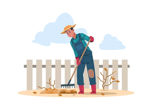 Trabalhador agrícola personagem cartoon fazendo trabalho agrícola. Ilustração vetorial agricultura humana — Vetor de Stock