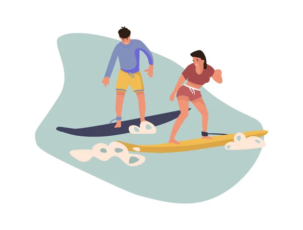 Personaje de dibujos animados surfing. Gente vectorial actividades de playa. Ilustraciones de verano tabla de surf en olas — Vector de stock