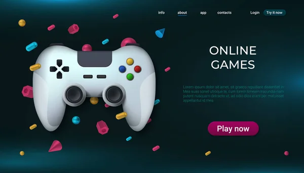 Game landing page. Home and online playing concept with realistic gamepad, game streaming website. Vector PC and console gaming — Stock Vector