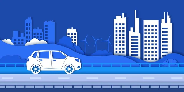 Paper Eco carretera de la ciudad. Medio ambiente verde y ciudad inteligente con vehículos eléctricos, energía renovable verde y ahorrar concepto de vector ecología — Vector de stock