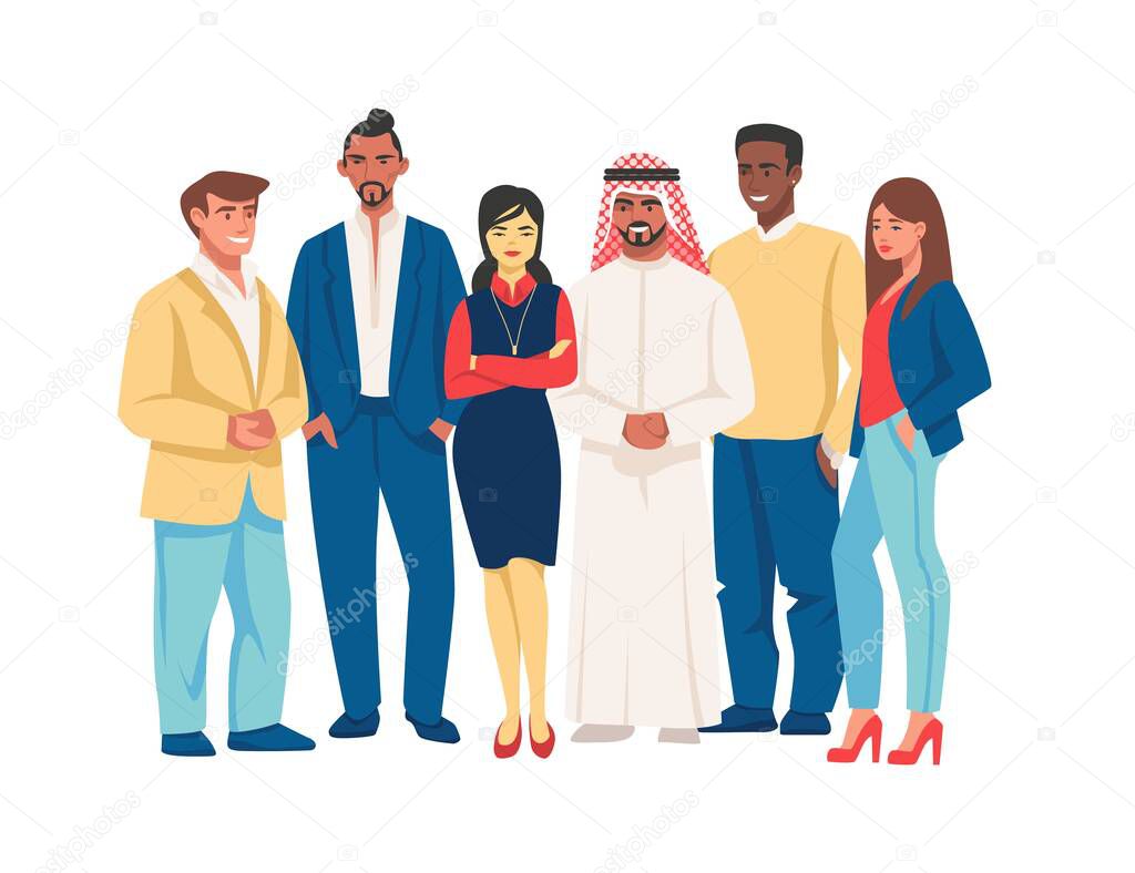 Diverse business people. Multicultural team characters, group of happy young and old office workers. Vector cartoon man and woman set