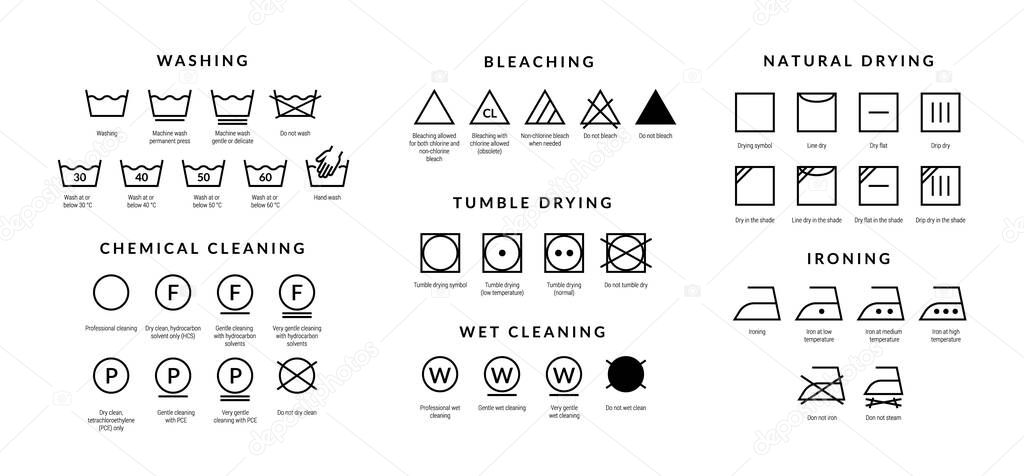 Laundry care icons. Machine and hand wash advice symbols, fabric cotton cloth type for garment labels. Vector wash description