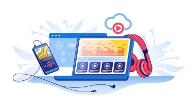 Çevrimiçi radyo. Akıllı telefon, kulaklık ve müzik çalma listesiyle müzik yayını hizmeti konsepti. Vektör ses oynatıcı ve çevrimiçi yayın
