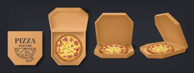 İçinde pizza olan gerçekçi bir kutu. 3D karton, içi boş ve pizza dolu yiyecek kutuları açıp kapanıyor. Marka kimliği için vektör paketi modelleme tasarımı